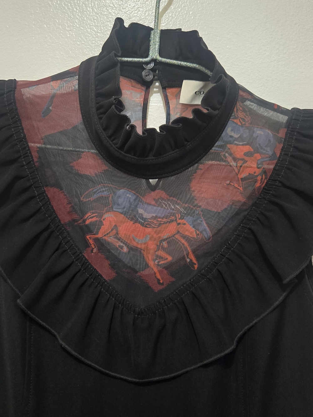 Coach Black Ruffled Mock Neck Top with Red and Blue Horse Print